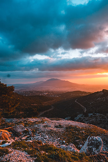 Overview, Landscape, Nature, Sunset, Mountains, Review, View, Hilly HD phone wallpaper