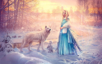 Lady and Her Wolf, winter, Dreamy, wolf, Softness, fantasy, snow, Stream, Lady, gown, lovely HD wallpaper