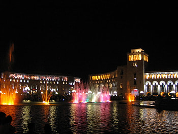 Republic Square,Yerevan ArmeniA, republic square, colorful, armenia, yerevan, square, buildings, lights, water, fountains HD wallpaper
