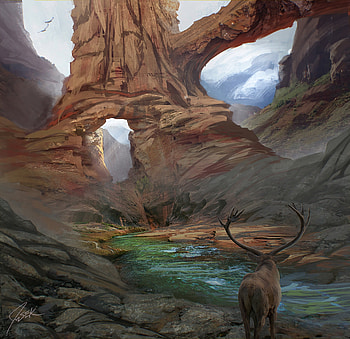 Landscape, Fantasy, Art, Deer, Horns HD wallpaper