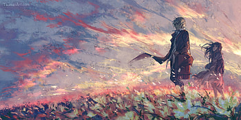 Sunset, man, girl, wind, fantasy, yuumei, couple, sky, luminos, cloud, wenqing yan HD wallpaper