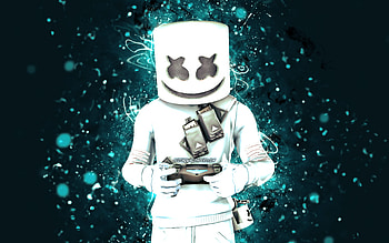 DJ Marshmello with joystick, , blue neon lights, Fortnite Battle Royale, Fortnite characters, Marshmello Fortnite, Marshmello Skin, DJ Marshmello, Fortnite HD wallpaper