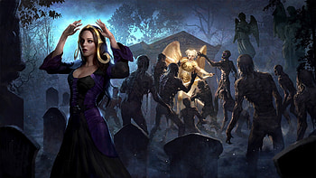 Unholy hunger, blue, golden, art, angel, girl, witch, lasahido, fantasy, zombie, luminos HD wallpaper