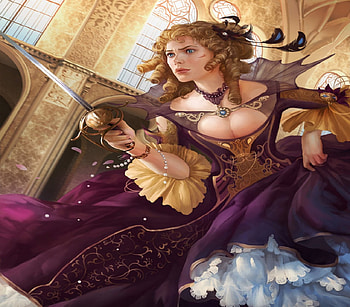 Lady Defending Herself, scar, sword, dress, woman HD wallpaper