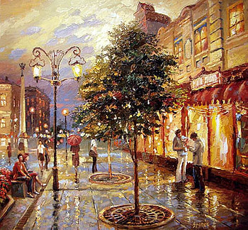 Spyros D. (Samara). Rain on the streets of Leningrad, street, art, painting, spyros d HD wallpaper