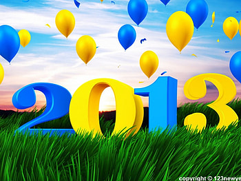 ღ.Happy New Year 2013.ღ, blue, colorful, festival, cute, colors, balloons, holiday, abstract, bright, happy, adorable, cloud, greeting, white, other, beautiful, grass, celebration, outdoor, displays, pretty, green, yellow, sky, lovely, splendor HD wallpaper