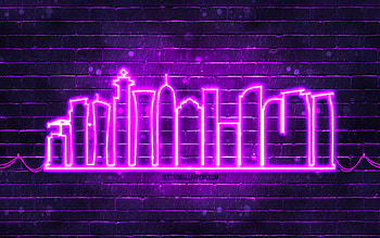 Doha violet neon silhouette, , violet neon lights, Doha skyline silhouette, violet brickwall, qatari cities, neon skyline silhouettes, Qatar, Doha silhouette, Doha HD wallpaper