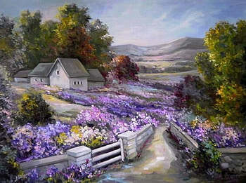 spring day, art, path, nature, flowers, paintings, houses, beauty HD wallpaper