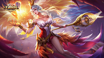 Fantasy girl, king of glory, phoenix, frumusete, bird, zhong kui, girl, orange, pink, feather, fantasy, red, game, luminos HD wallpaper