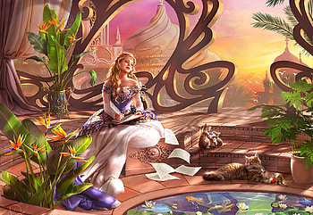 Paradise lost, kitten, fantasy, luminos, drazenka kimpel, girl, cat HD wallpaper