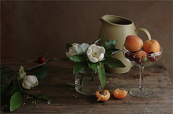 Magnolia blossoms, table, creamer, blossoms, cherries, flower, goblet, peaches, magnolia HD wallpaper