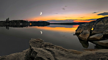 Sunrise, peaceful, beautiful, rocks, beauty, lake, reflection, moon, clouds, view, nature, sky, splendor, water, lovely, sunset HD wallpaper