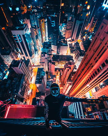 Cities, Night, Overview, Review, Skyscrapers, Height, Human, Person HD phone wallpaper