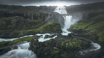 Dynjandi waterfall in the West fjord, Iceland, landscape, cascades, river, rocks, trees HD wallpaper