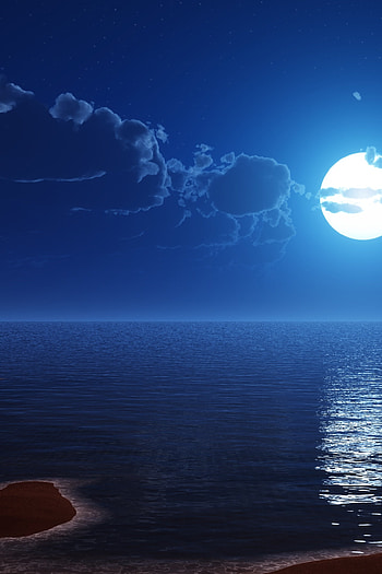 Moonlight, Tropical beach serenity, Full moon night sky, Scenic digital art HD phone wallpaper