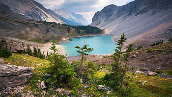 Galatea lake, Alberta, canada, mountains, clouds, landscape, trees, sky HD wallpaper