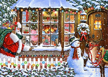 Christmas Morning at House 2021, reindeer, lights, christmas, snow, tree, santa, wreath, window, snowman, fire HD wallpaper
