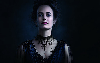 Eva Green as Vanessa Ives, blue, pendant, black, scorpion, lood, drops, Vanessa Ives, girl, actress, woman, pink, tv series, Eva Green, fantasy, Penny Dreadful HD wallpaper