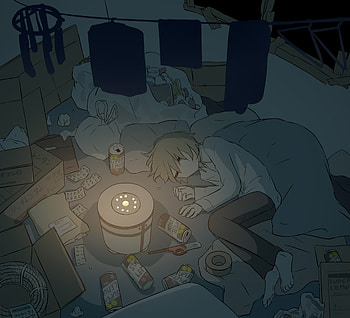 Sleep, art, Anime, Night, Blue, Yellow, Sad, Avogado6, Alone HD wallpaper