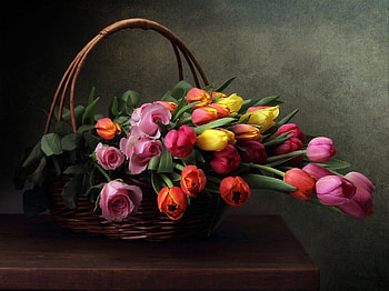 Tulips, Flowers, Bouquet, Basket HD wallpaper