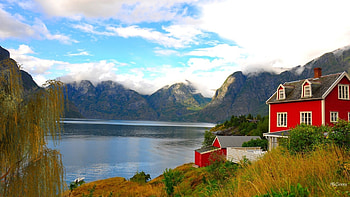 The Boat House, river, boat, fall, grass, lake, summer, red house, autumn, sky, mountains HD wallpaper