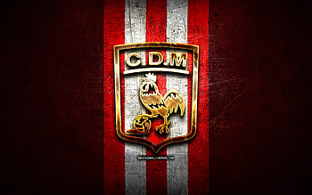 Deportivo Moron FC, golden logo, Primera Nacional, red metal background, football, argentinian football club, Deportivo Moron logo, soccer, Argentina, Club Deportivo Moron HD wallpaper