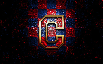 Cleveland Indians emblem, glitter logo, MLB, red blue checkered background, american baseball team, Major League Baseball, mosaic art, baseball, Cleveland Indians HD wallpaper