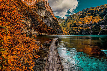 Autumn, wooden dock, lake, forest HD wallpaper