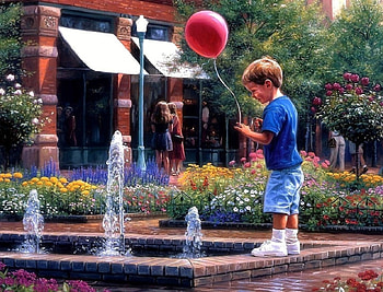 Boy with a Red Balloon, kids, garden, paintings, spring, love four seasons, boy, flowers, balloon, lovely, fountains HD wallpaper