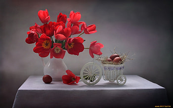 Happy Easter!, basket, eggs, tulips, Easter HD wallpaper