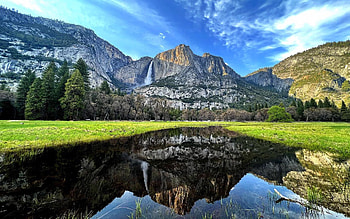 Yosemite Falls, CA, mountains, river, california, clouds, trees, sky, reflections HD wallpaper