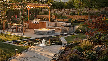 Backyard Oasis — Landscaped Patio, Pond & Firepit, Landscaping, Backyard, Patio, Pond, Fire Pit HD wallpaper