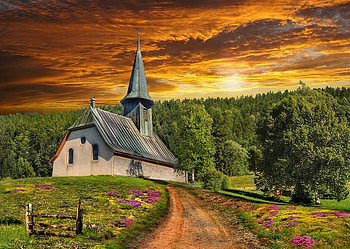 Peaceful, bello, casa, woods, path, beautiful, atardecer, church, hermoso, campo, floreado, flowers, middle, paisaje, sky, camino HD wallpaper