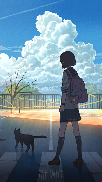 Anime Girl on the Way, cloud, sky, School_girl, Cat, Street HD phone wallpaper