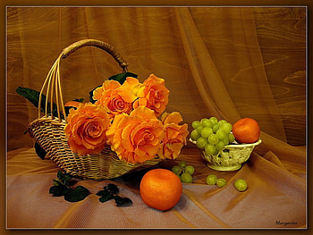 still life, graphy, roses, beautiful, orange, flower basket, tangerine, elegant, grape, fruit, flowers, harmony HD wallpaper