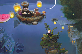 Grandfather's tales, night, blue, old man, tales, frog, painting, moon, pictura, water, children, art, fantasy, grandfather, broasca, luna, victor nizovtsev, luminos, lantern HD wallpaper