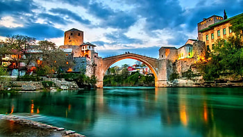 bridge over an azure river, river, lights, town, azure, bridge, dusk HD wallpaper