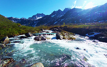 Matanuska-Susitna Borough, Alaska, Gold-mint trail, river, sky, sun, rocks, mountains, usa, stones HD wallpaper