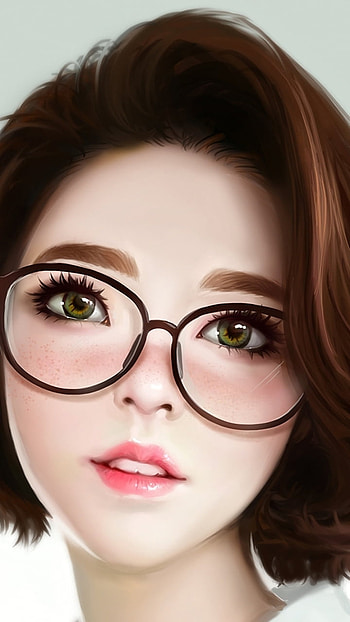 green eyes, brown hair, glasses, face, woman, artistic HD phone wallpaper