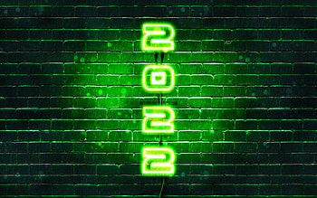 2022 on green background, vertical text, Happy New Year 2022, green brickwall, 2022 concepts, wires, 2022 new year, 2022 green neon digits, 2022 year digits HD wallpaper
