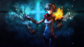 Aegis, sexy, blue eyes, robot, persona 3, hot, cute, beautiful, black hair, beauty, anime girl, persona, weapon, short hair, gun HD wallpaper