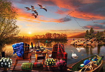 Breakfast at the Lake, birds, clouds, pier, dogs, sky, sunrise, boat, chairs, artwork, painting HD wallpaper