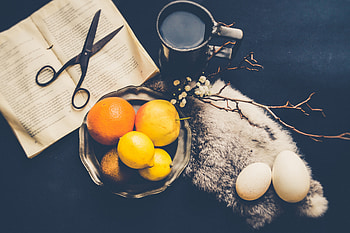 Fruits, Food, Cup, Book, Mug, Scissors HD wallpaper