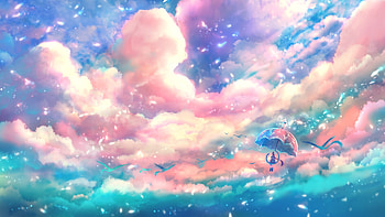 :), girl, sky, bou nin, cloud, blue, bounin, umbrella, pink, anime, fantasy, manga HD wallpaper