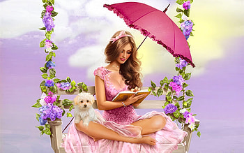 Girl Swing, flowers, swing, girl, woman, art, , digital, pink, pretty, fantasy, lamamake HD wallpaper