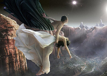Take me where you go, abstract, graphy, fantasy, clouds, sky, girl, fly, female HD wallpaper