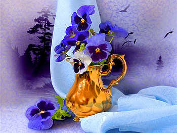 Still life, blue, vase, beautiful, nice, pretty, flowers, violets, lovely HD wallpaper