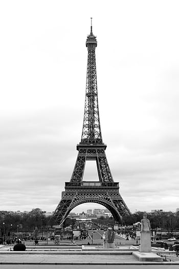 A striking black and white of the Eiffel Tower in Paris, captured from a classic angle. HD phone wallpaper