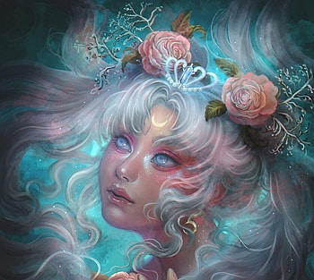 Serenity, blue, art, lourdes saraiva, rose, pink, fantasy, flower, sailor moon, face, luminos HD wallpaper