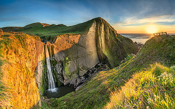 Spekes Mill Mouth Waterfall, evening, sunset, coast, mountain landscape, Devon, England HD wallpaper